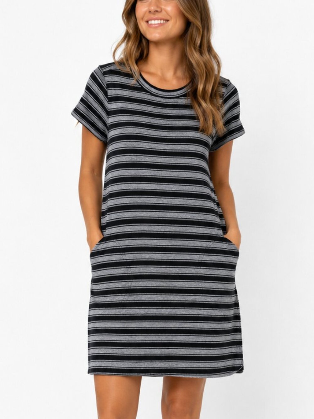 LOFT Black & White Striped Textured Pocket Short Sleeve Tee Dress Size S EUC